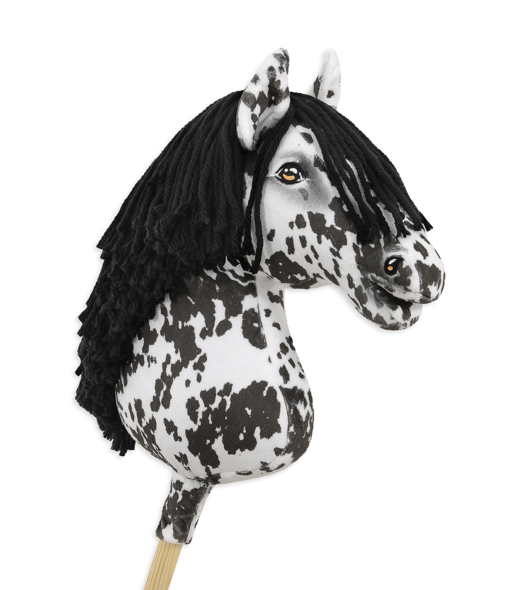Hobby Horse Tigerschecke, schwarze Mähne — handgenähtes Steckenpferd